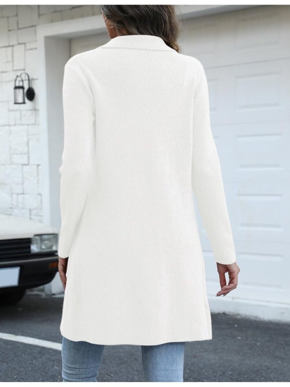 Women's White Long Knit Cardigan Open Front Coatigan Lapel Button Pocket Sweater - Picture 2 of 5